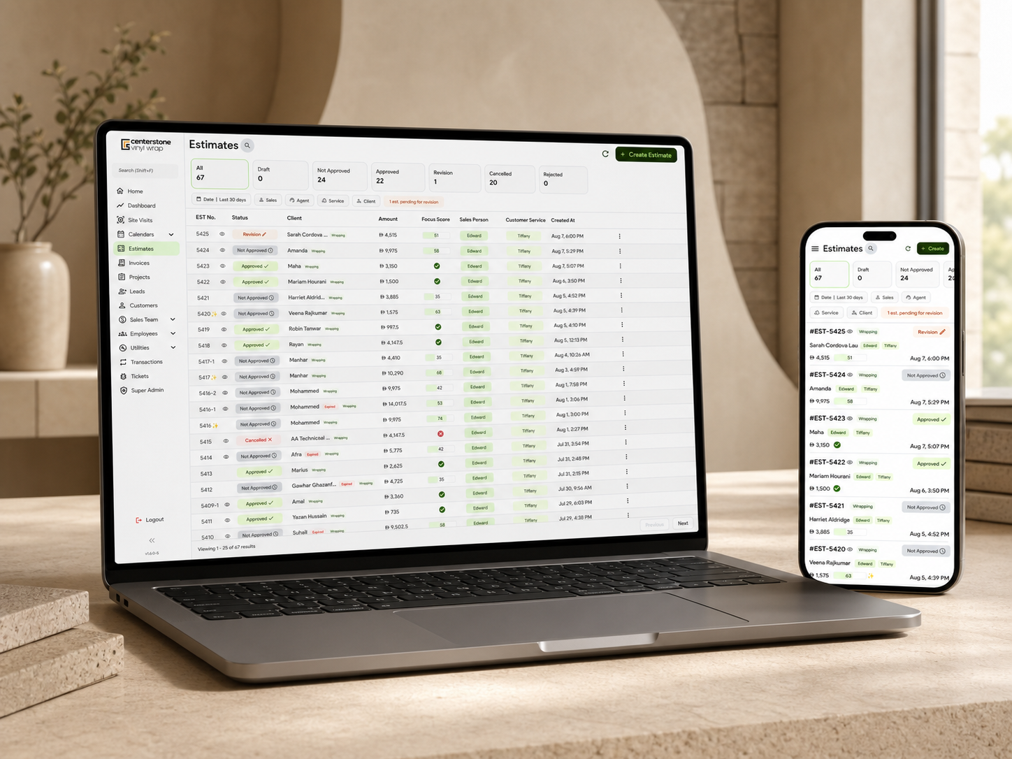 Centerstone customer portal estimates dashboard shown on laptop and mobile